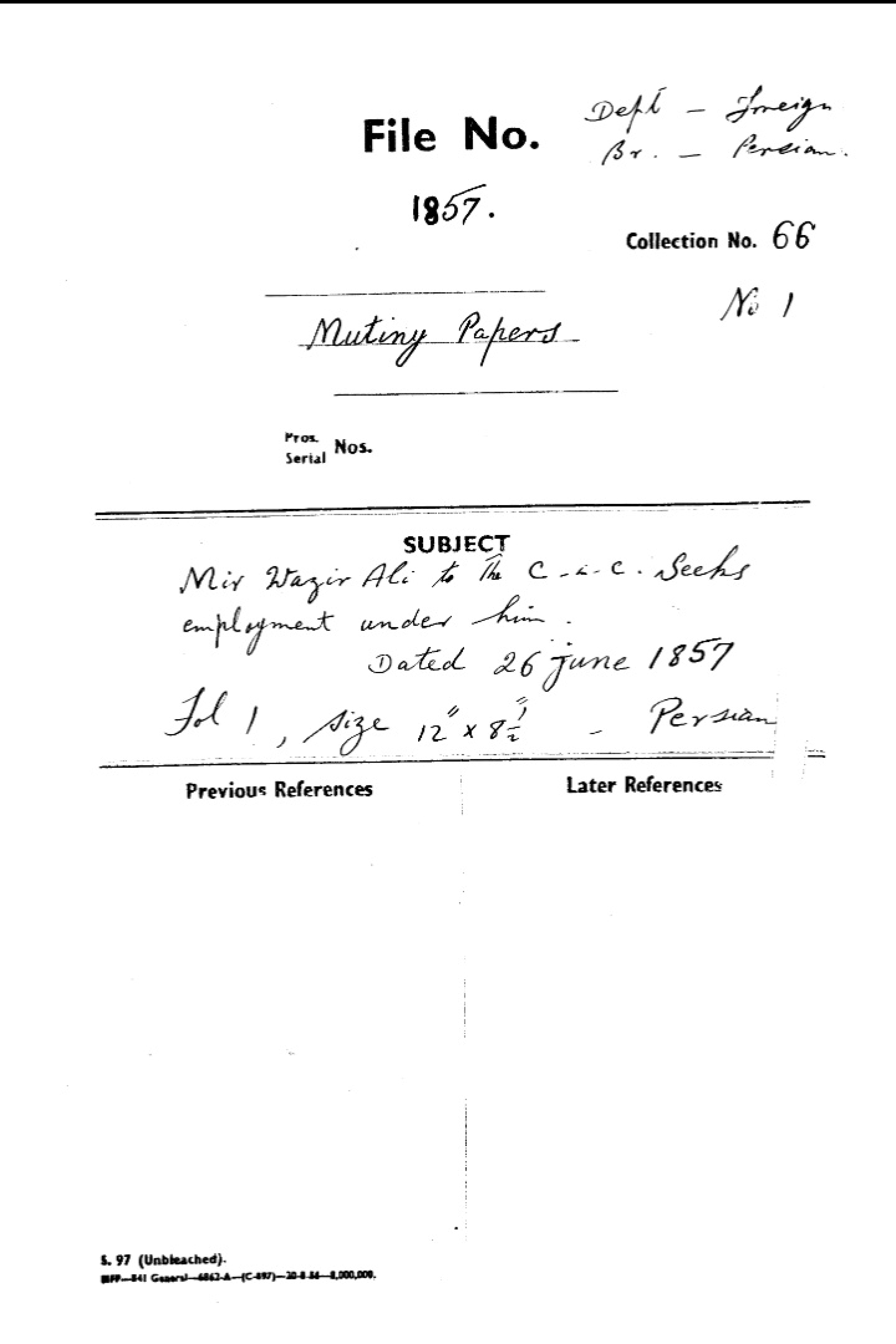 Mir Wazir Ali to the C-in-C Seeks Employment Under Him.