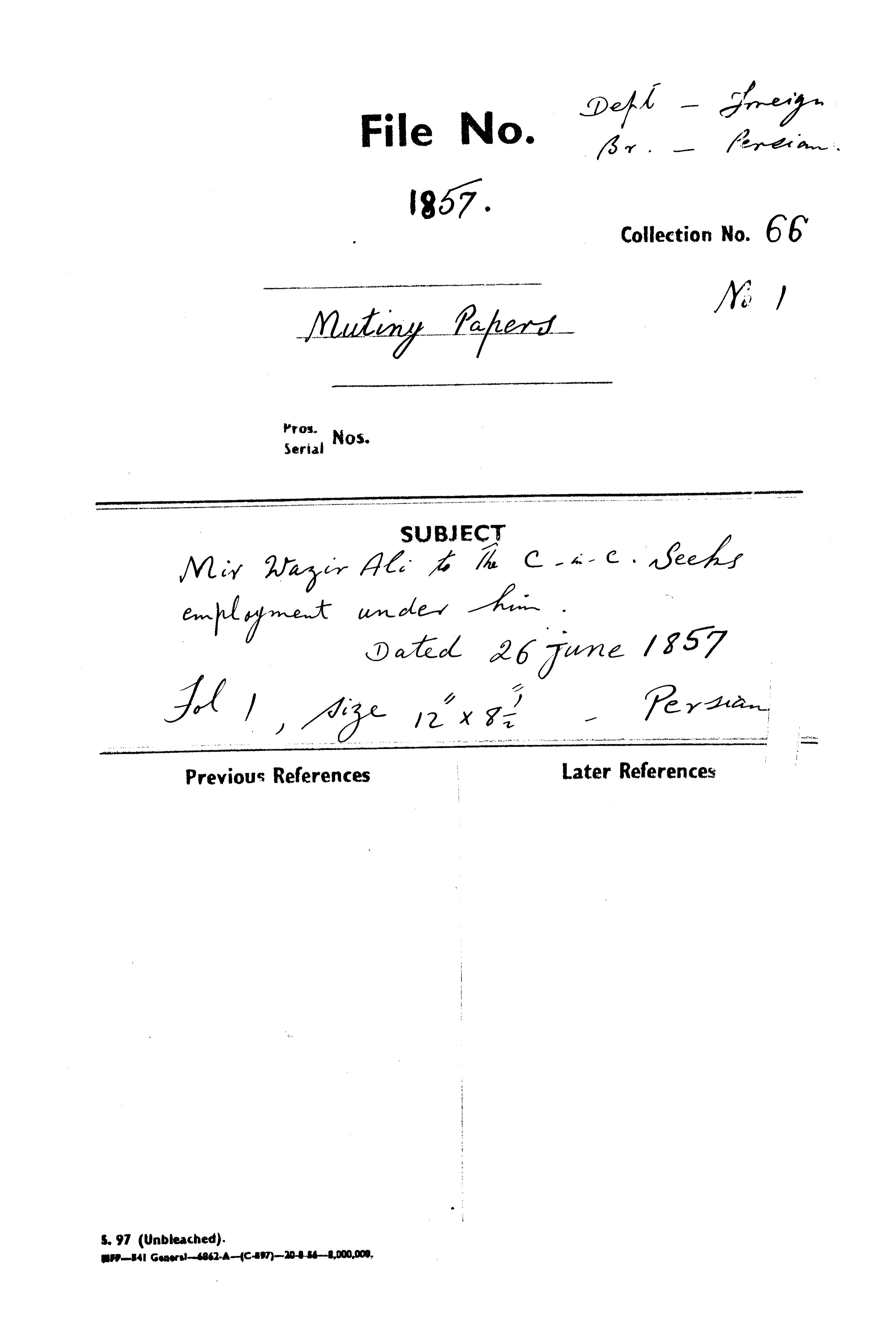 Mir Wazir Ali to the C-in-C (Mirza Mughal) Seeks Employment Under Him.