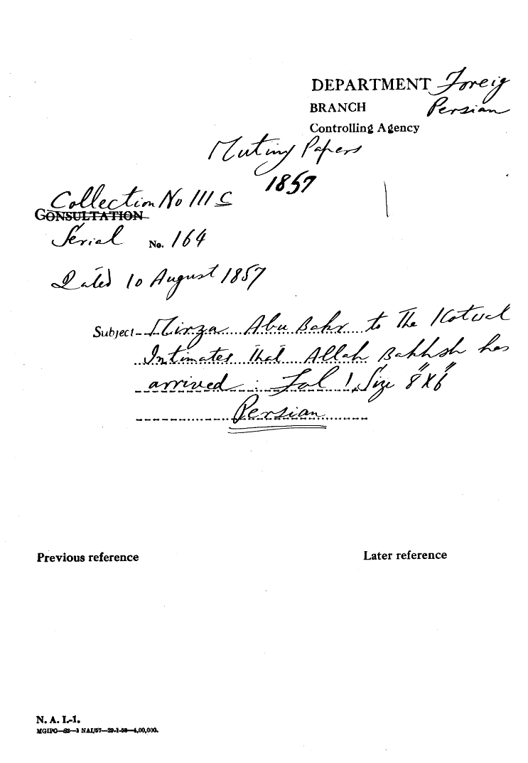 Mirza Abu Baker to the Kotwal Intimates that allah Baksh Has arrived.