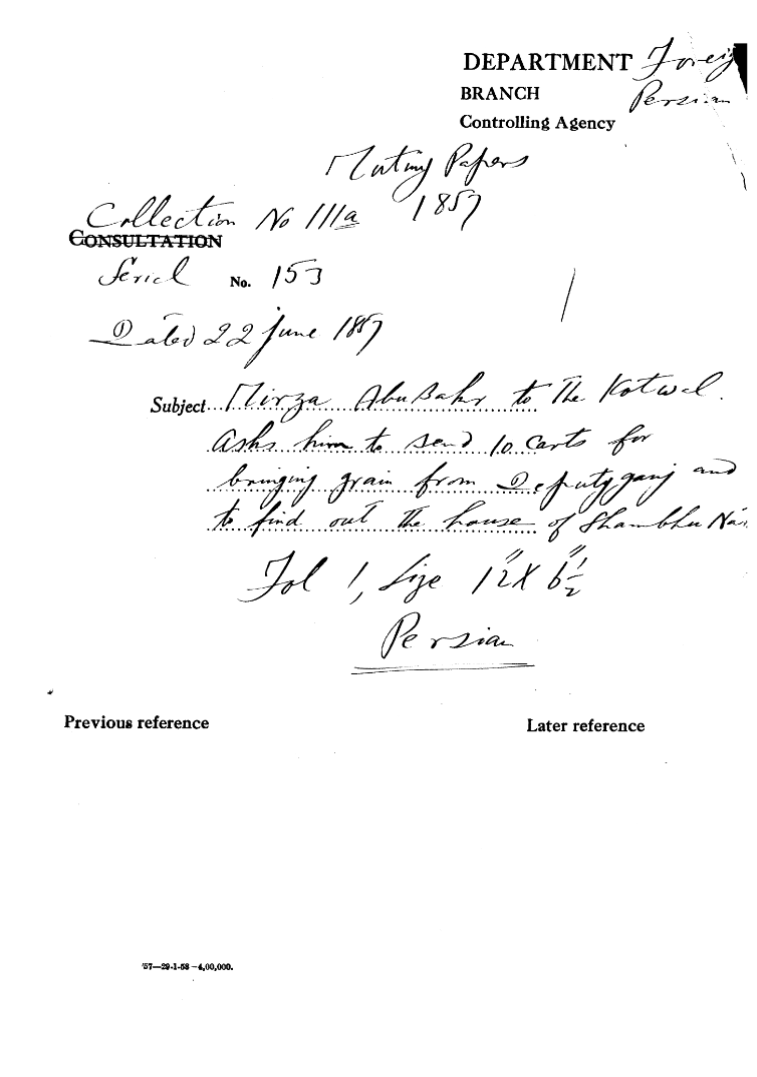 Mirza Abu Bakr to the Kotwal asks him to Send 10 Carts For Bringing Grain From Deputyganj and to Find Out the House of Shambhu Nath .