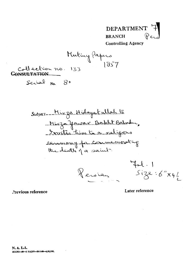 Mirza Hidayat Ullah to Mirza Yawar Bakht Bahadur Invites him to a Religous Ceremony For Commemorating the Death of a Saint
