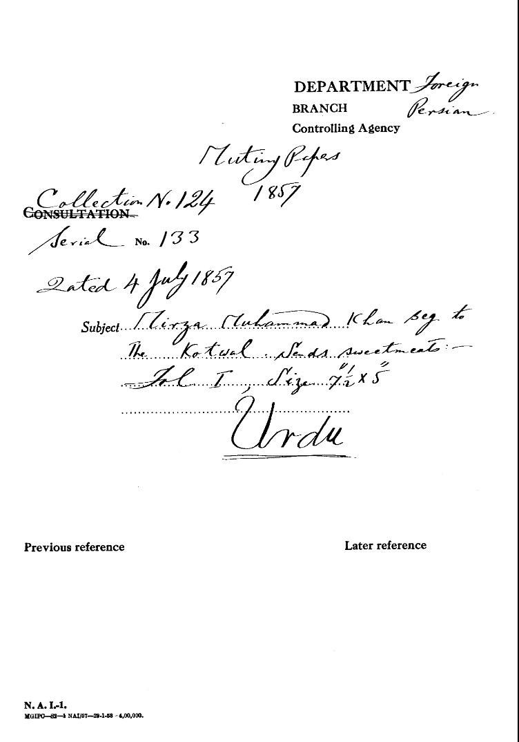 Mirza Muhammad Khan Beg to the Kotwal Sends Sweetmeats.(1857)