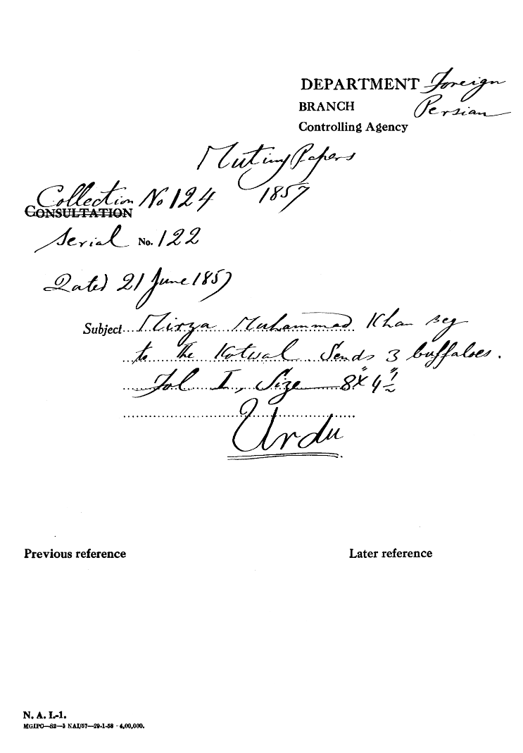 Mirza Muhammad Khan Beg to the Kotwal Sends 3 Bufflaloes.