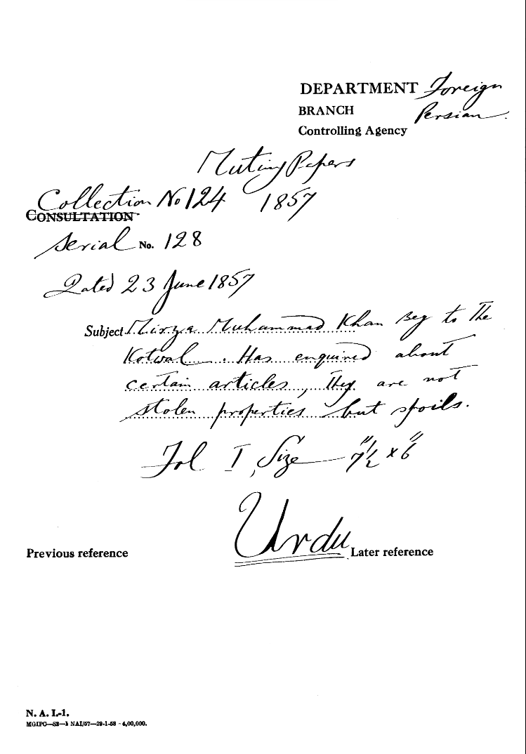 Mirza Muhammad Khan Beg to the Kotwal Has Enquired about Certian articles they are Not Stolen Properties But Spoils.