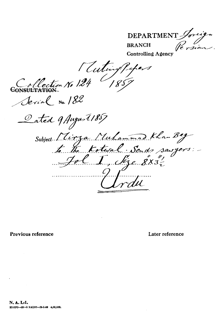 Mirza Muhammad Khan Beg to the Kotwal Sends Sawyers.