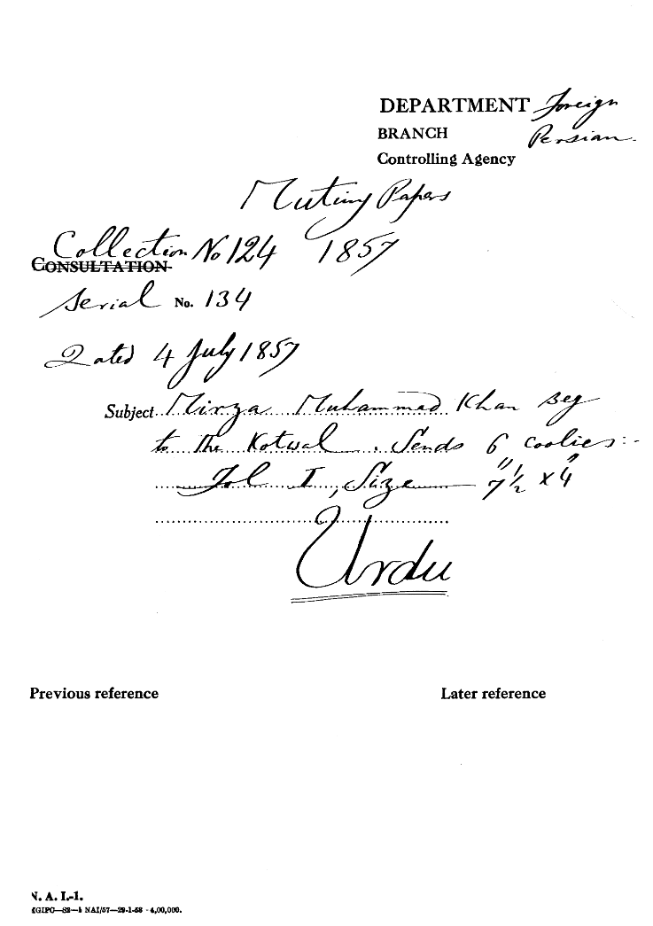 Mirza Muhammad Khan Beg to the Kotwal Sends 6 Coolies.