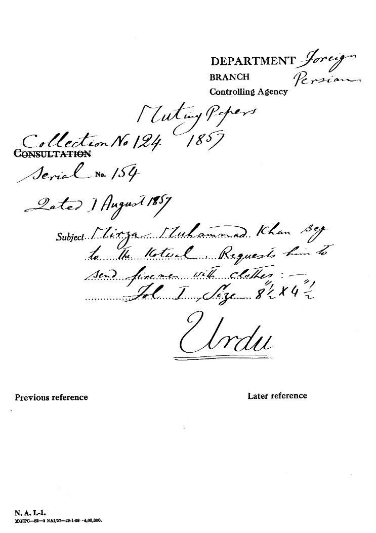 Mirza Muhammad Khan Beg to the Kotwal Requests him to Send Firemen With Clothes.