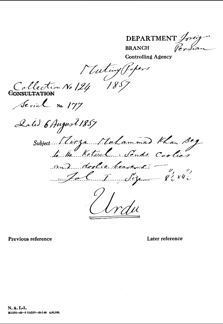 Mirza Muhammad Khan Beg to the Kotwal Sends Coolies and Dolie Bearers (1857)