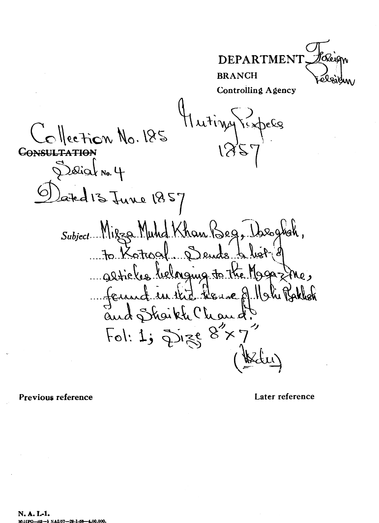 Mirza Muhd Khan Beg , Daroghah , to Kotwal . Sends a List of articles Belonging to the Magazine , Found In the House of Mahi Bakhsh and Shaikh Chaud.