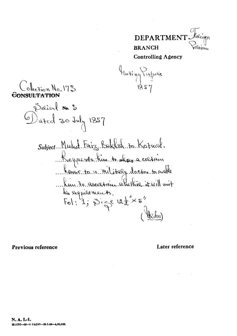 Mohd Faiz Bakhsh to Kotwal Request him to Show a Eaten House to a Millinery Doctor to Enable him to ascertain Whether It Will Suit His Requirements.