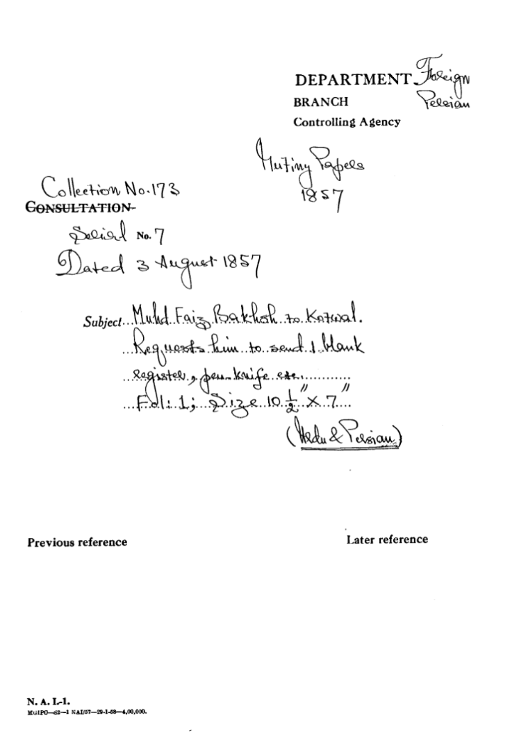 Mohd Faiz Bakhsh to Kotwal Request him to Send I Blank Register Peun Knife Ete.