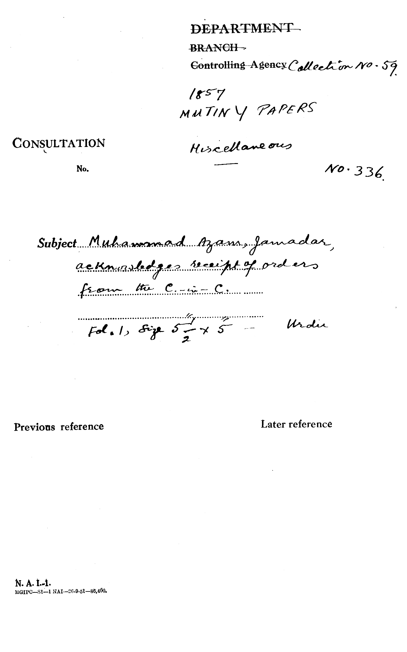 Muhammad Azam Jamadar, acknowledges Receipt of Orders From the C-In-C.