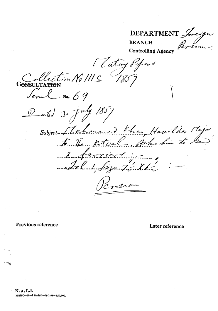 Muhammad Khan, Havildar Major to the Kotwal. asks him to Send 8 Farriers