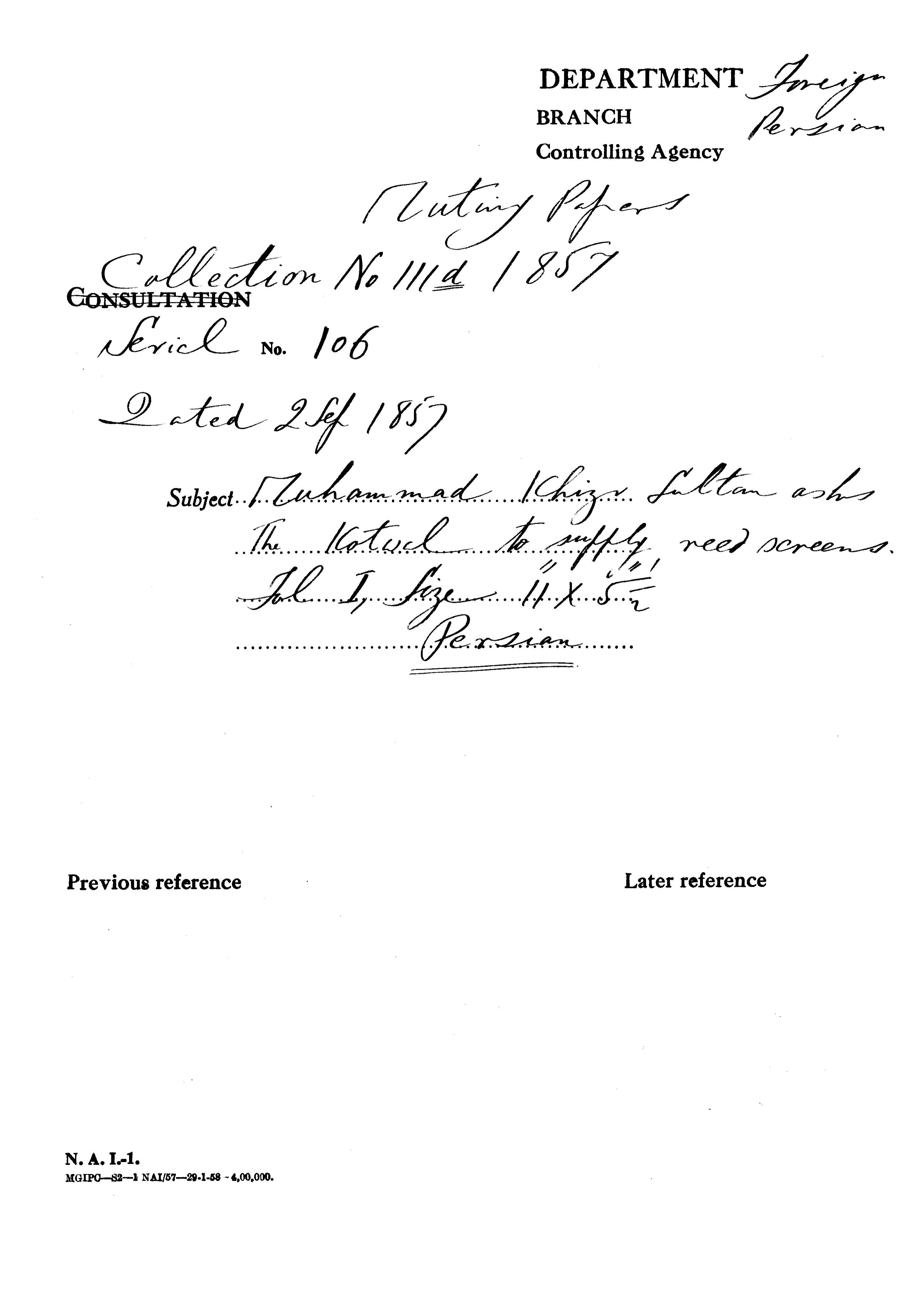 Muhammad Khizr Sultan asks the Kotwal to Supply Reed Screens.