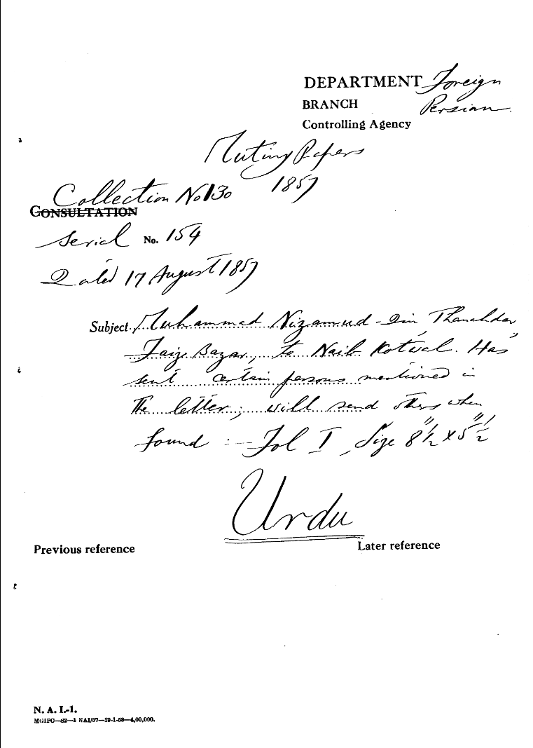 Muhammad Nizamud-Din Thanahdar Faiz Bazar, to Naib Kotwal Has Sent Certain Persons Mentioned In the Letter Will Send the others When Found.
