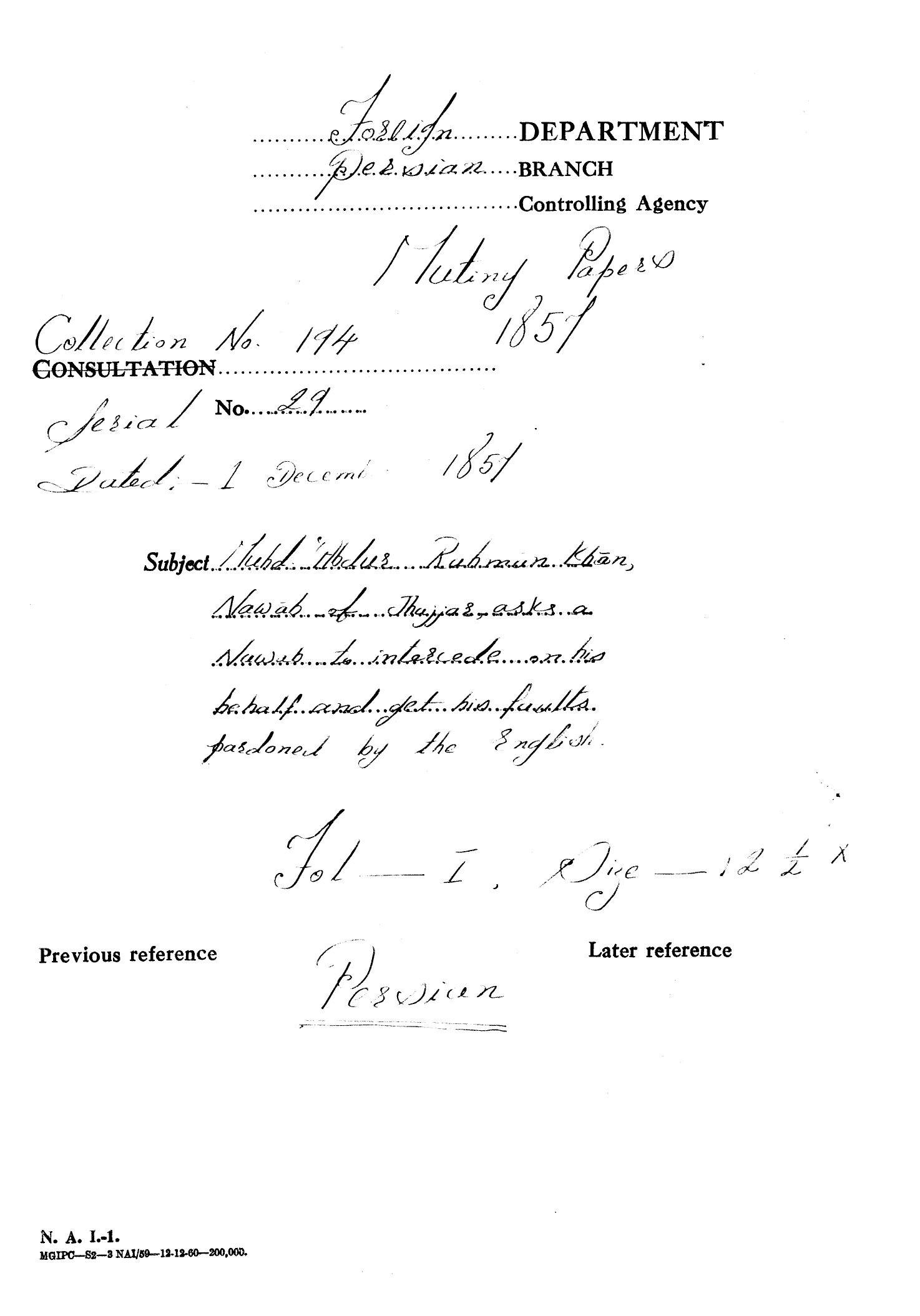 Muhd abdur Rahman Khan Nawab of Jhajjar asks a Nawab to Intercede On His Behalf and Get His Fults Pardoned By the English