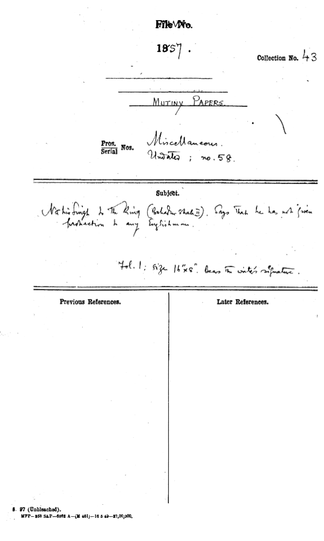 Nahir Singh to the Emperor (Bahadur Shah II) Says that he Has With Given Protecting to any Englishman.