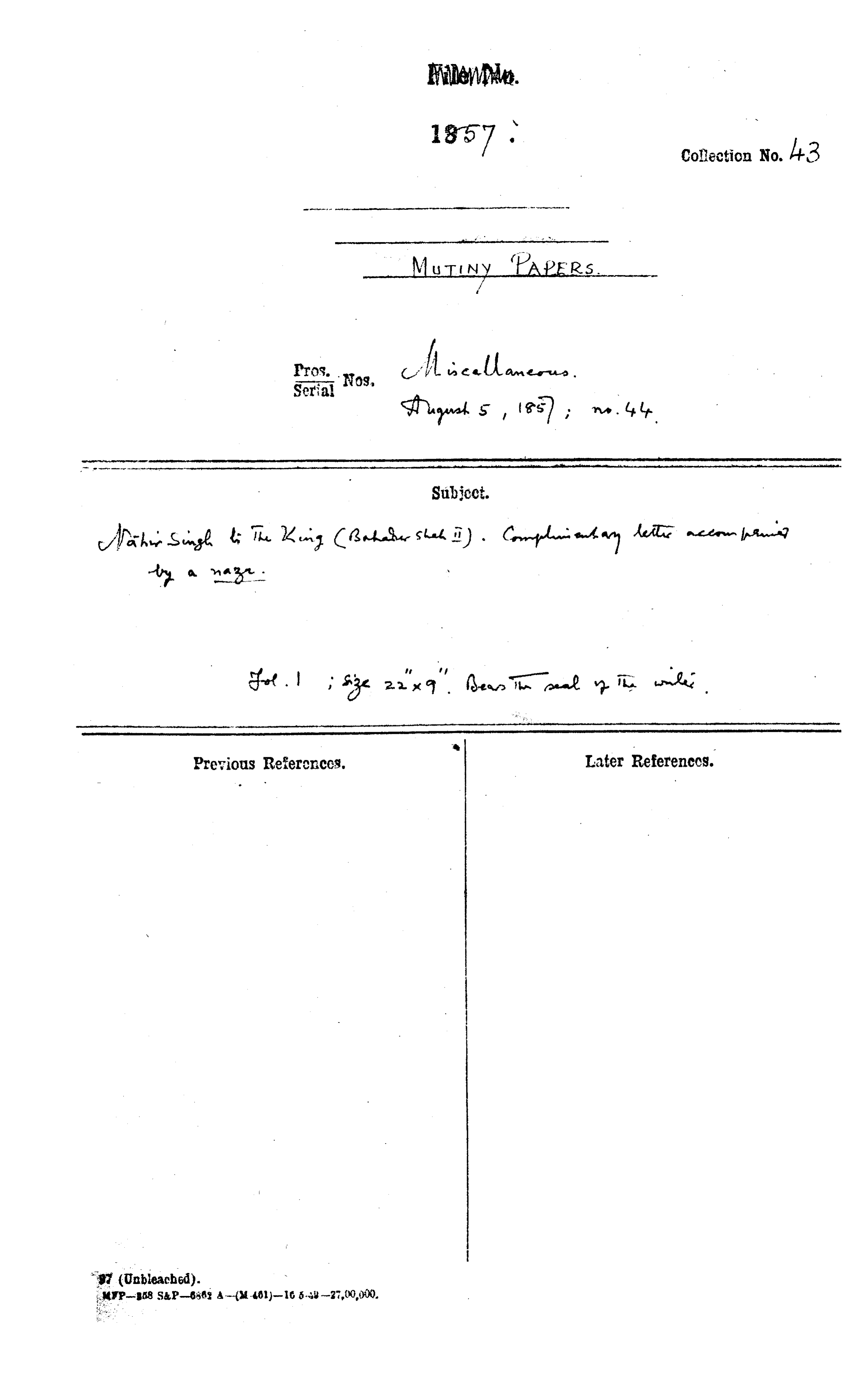 Nahir Singh to the King (Bahadur Shah II) Complaining Letter accomplaing By a Naza
