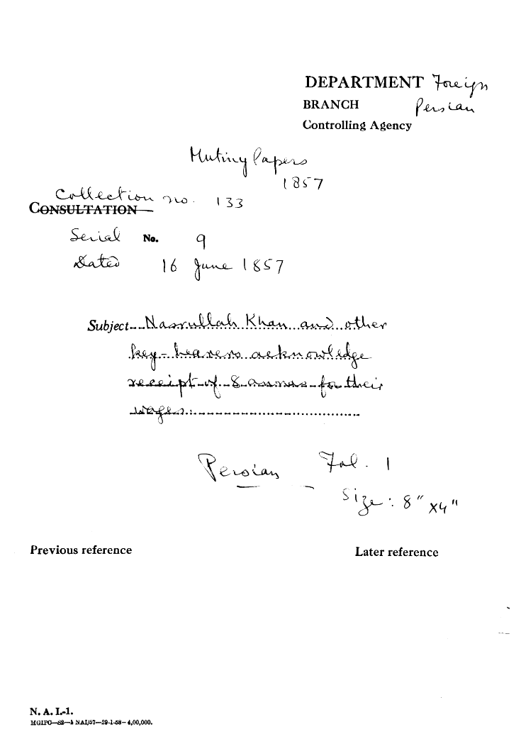 Nasrullah Khan and other Pay Bearers acknowledge Receipt of 8 annus For their Wages.