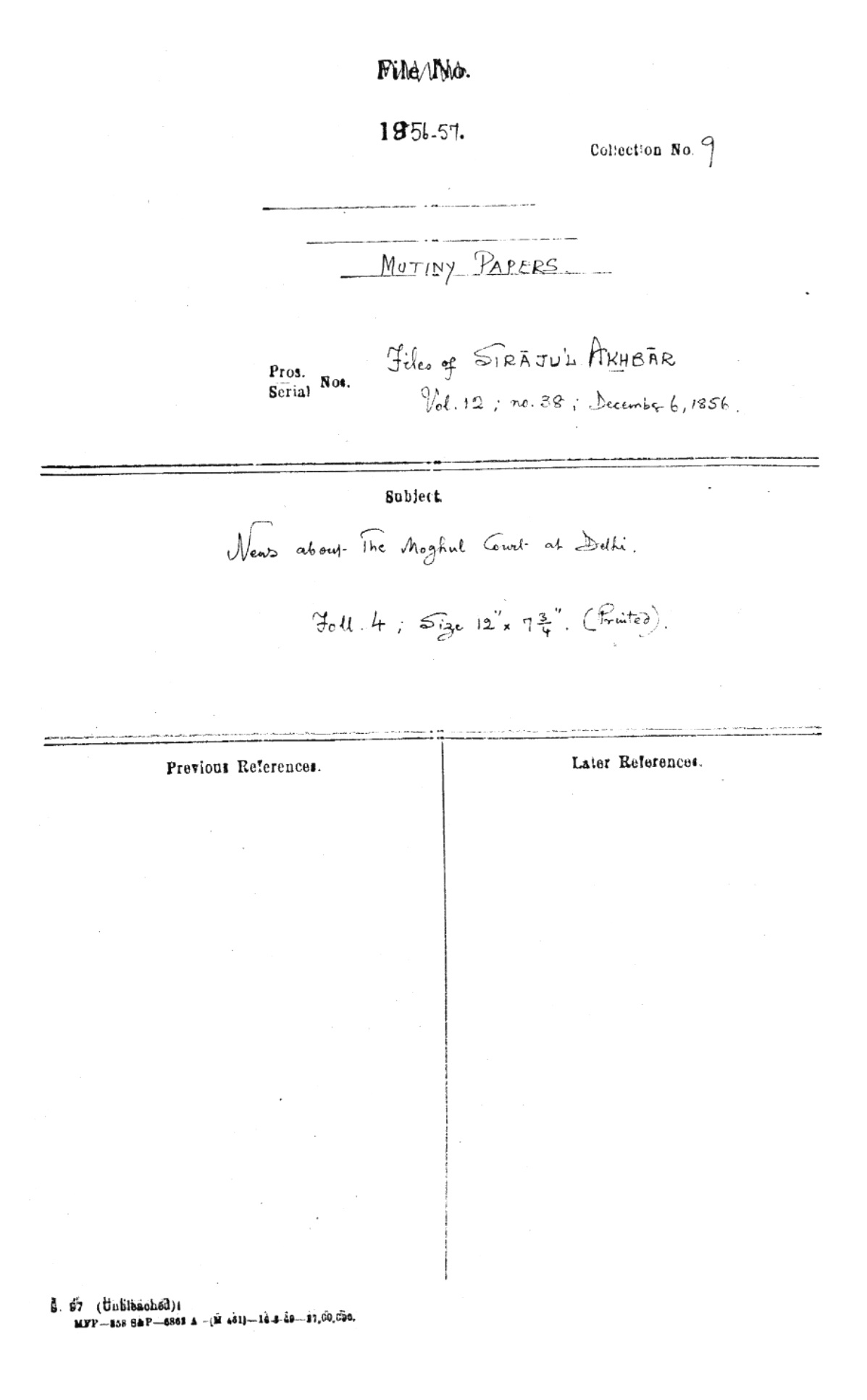 News about the Mughal Court of Delhi From Siraj ul Akhbar, Dated on 06 December 1856.