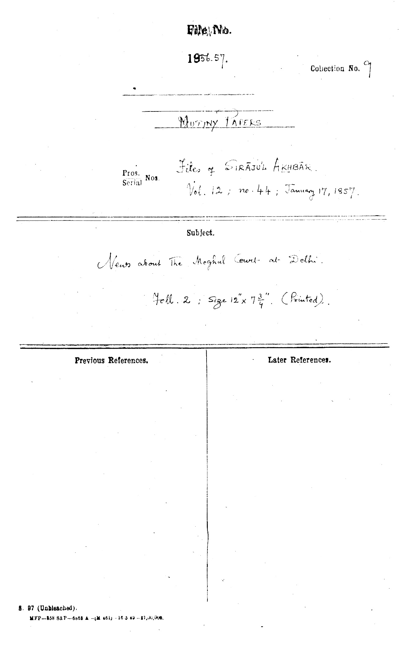 News about the Mughal Court at Delhi from Siraj ul Akhbar Dated on January 17, 1857.