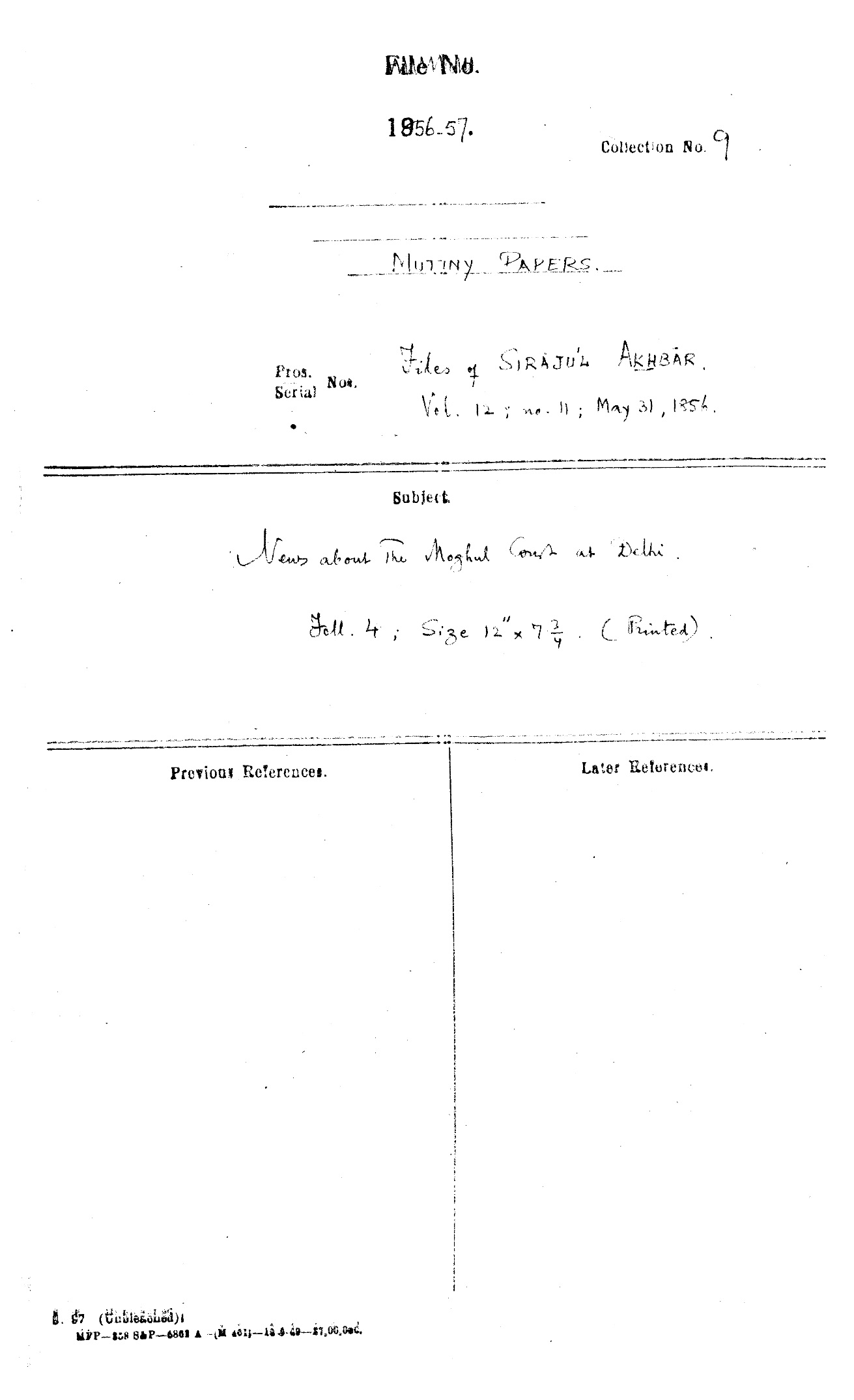 News about the Mughal Court at Delhi from Siraj ul Akhbar Dated on 31 May 1856.