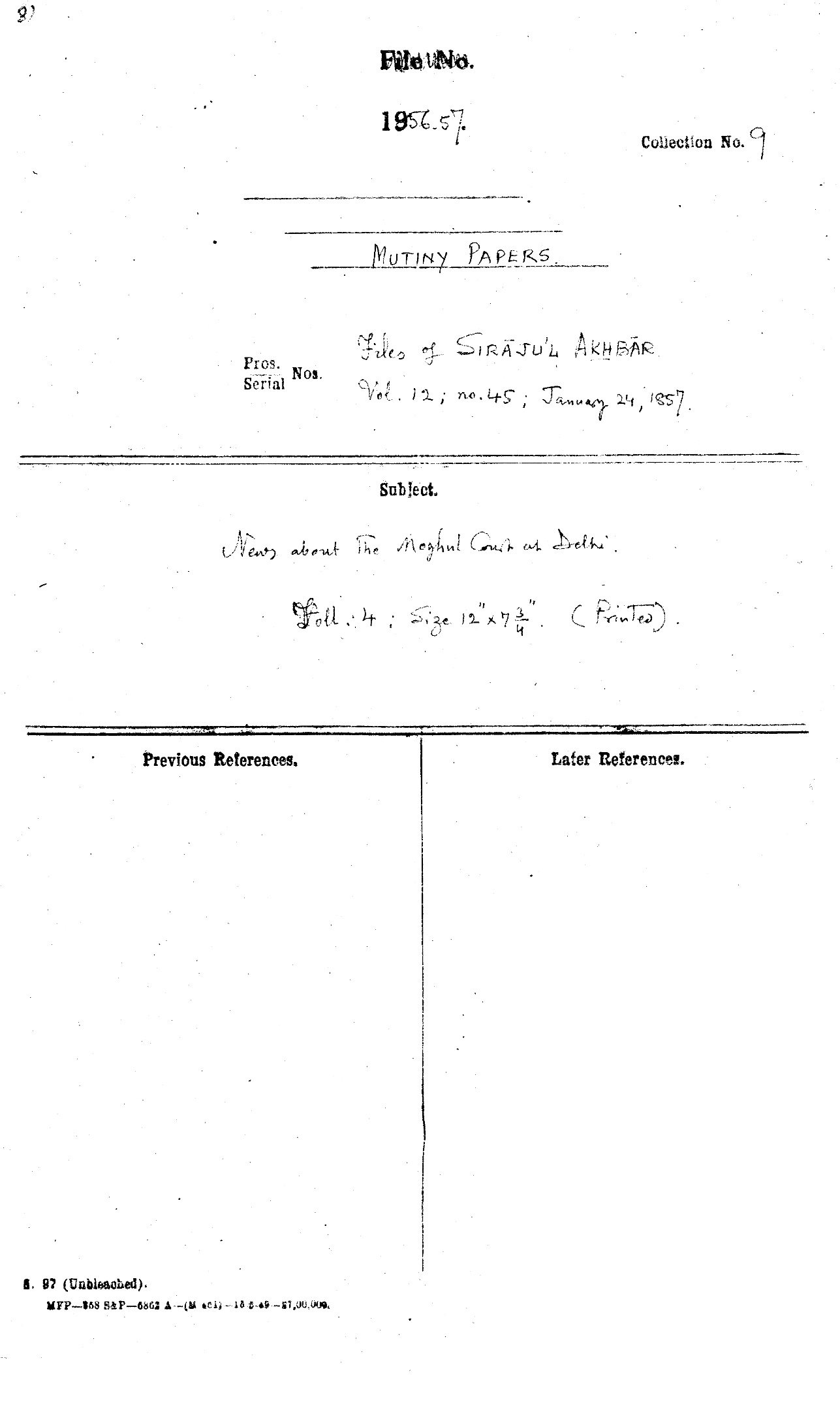 News about the Mughal Court at Delhi from Siraj ul Akhbar Dated on January 24, 1857.