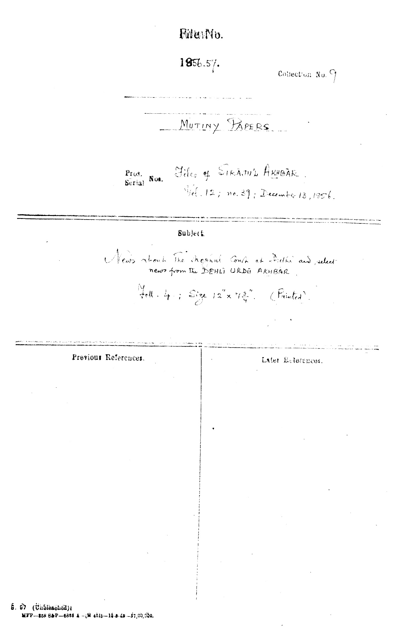 News about the Mughal Court at Delhi and Select News From the Delhi Urdu Akhbar Dated on December 13, 1856.