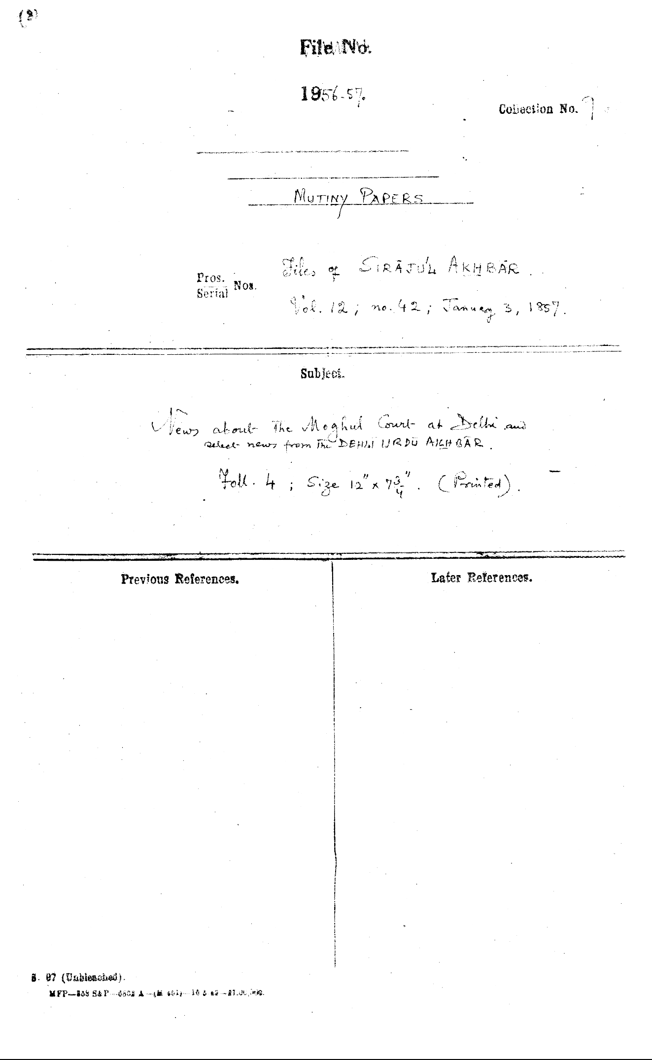 News about the Mughal Court at Delhi and Select News From the Delhi Urdu Akhbar Dated on January 3, 1857.