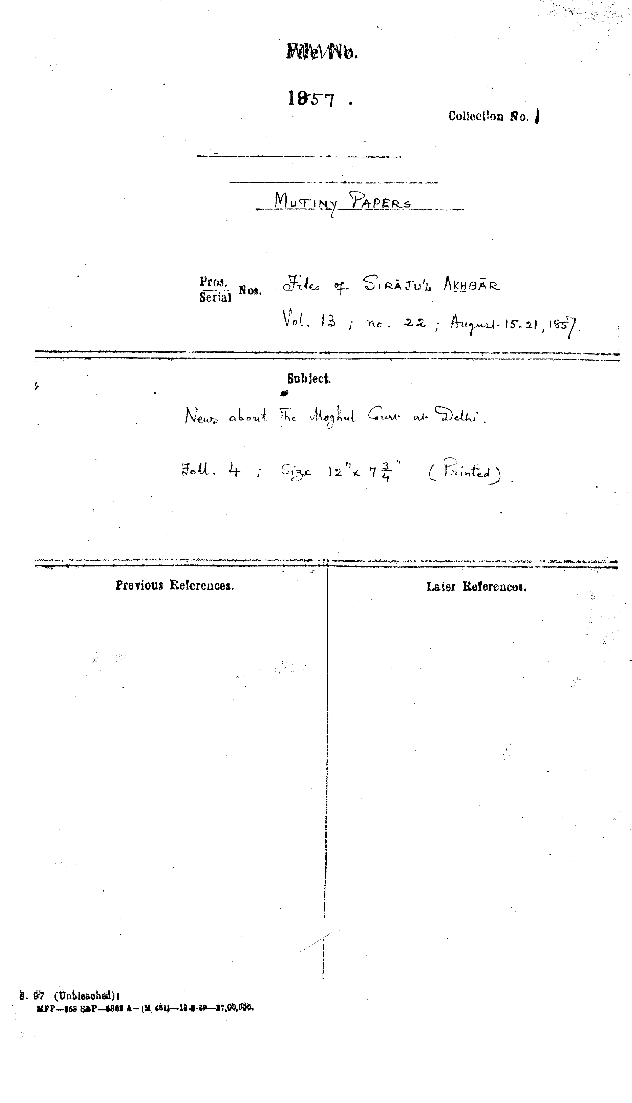 News about the Mughal Court at Delhi from Siraj ul Akhbar Dated on 15-21 August 1857.