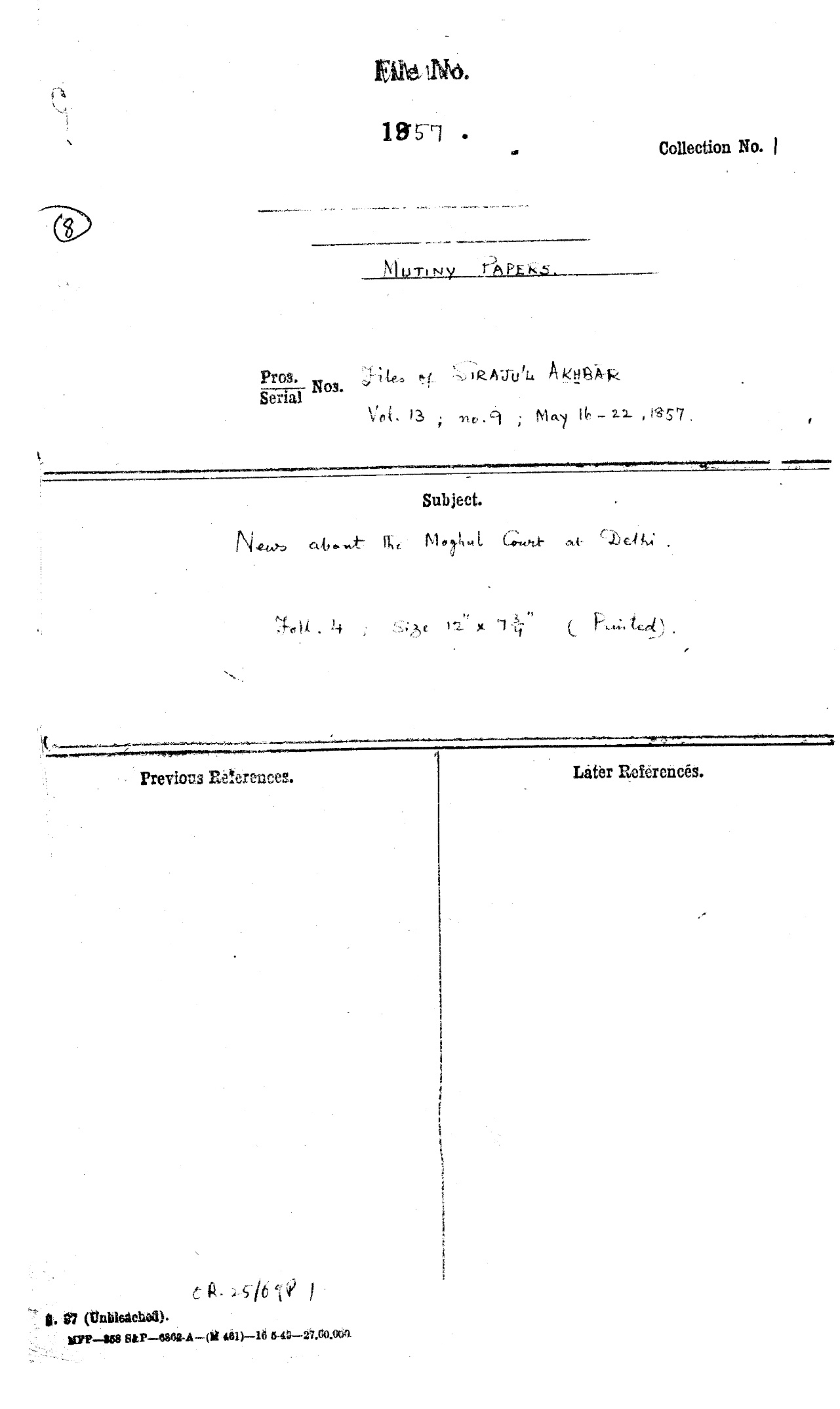 News about the Mughal Court at Delhi from Siraj ul Akhbar Dated on 16-22 May 1857.