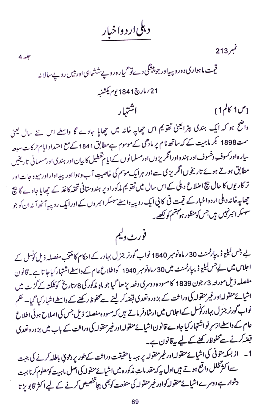 News of Delhi Urdu Akhbar Dated: 21st March 1841 (Bahadur Shah II, Proclamation, Fort William, Merat, Moradabad, Kalpi, Kandahar and News of Various Places)