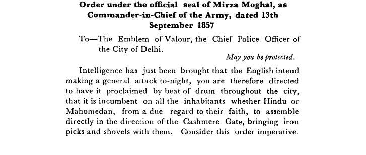 Nineteenth  Days  Proceedings  Trail of Bahadur Shah  - Order  under  the  official  seal  of  Mirza  Mughal  as  Commander-in-Chief  of  the  Army