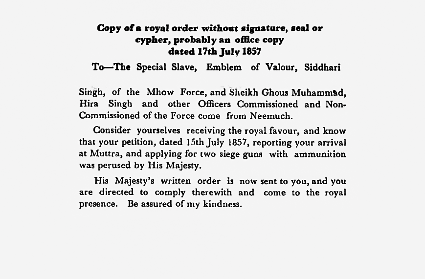 Nineteenth  Days  Proceedings  Trail of Bahadur Shah  -  Copy  of a  royal  order  without  signature  seal  or  cypher  probably  an  office  copy