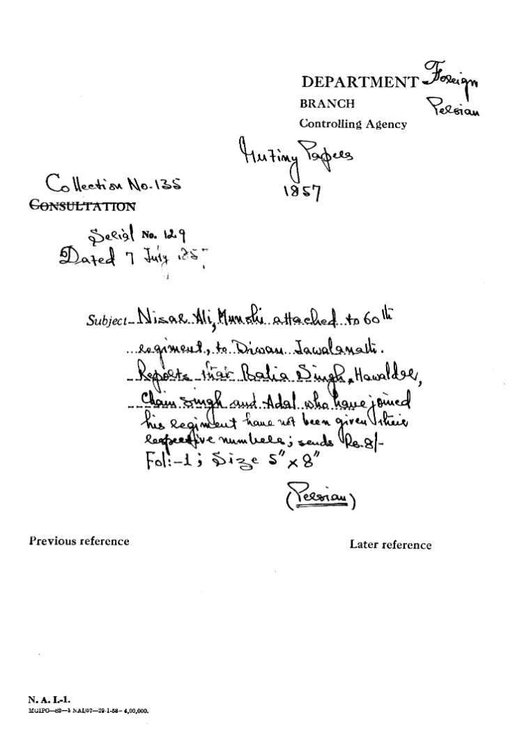 Nishad Ali Munshi attached to 60th Regiment to   --------   --------      Reports that Baliol Singh Hawaladar Chain Singh and     --------    Who Have Joined His Regiment Have net Been Given there Respective Numbers Send Rs . 8