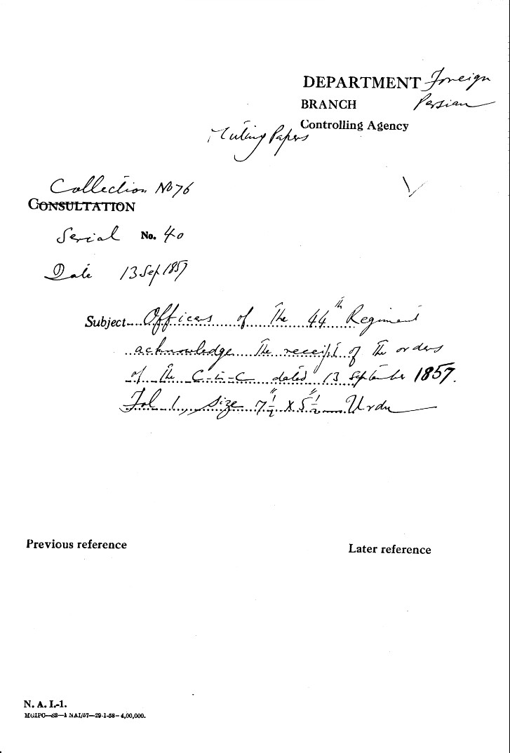 Officers of the 44th Regiment acknowledge the Receipt of the Orders of the C-in-C (Mirza Mughal)