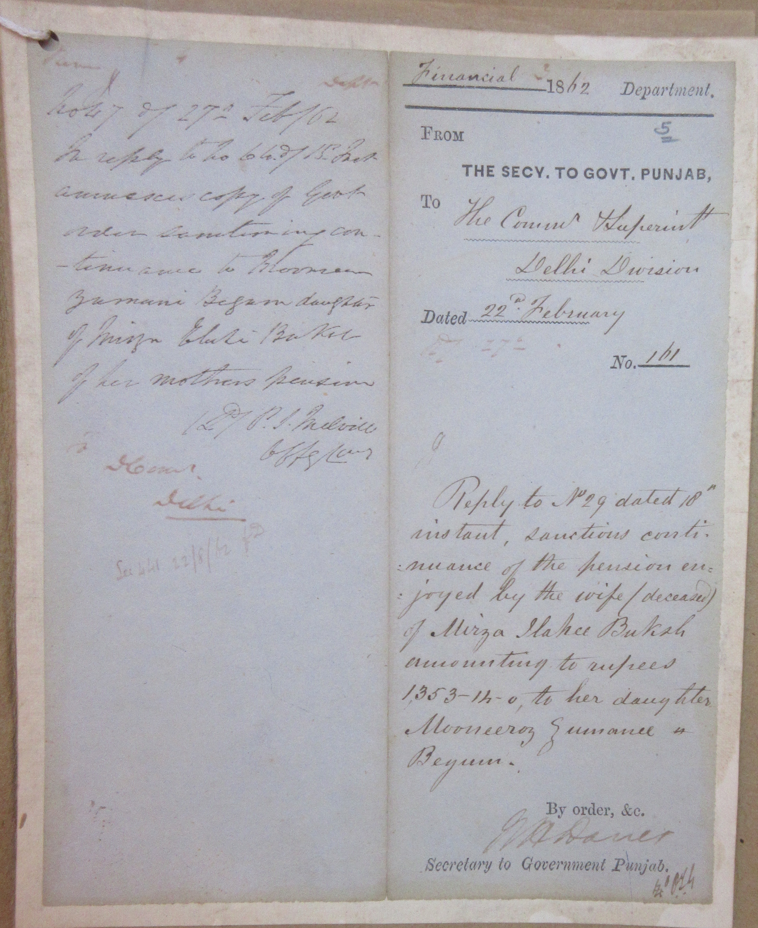 On the Death of Husaini Begum (Wife of Colonel Shahzada Mirza Muhammad ‘Abu Bakar, Bakhtawar Shah Bahadur) Transfer Her Pension to Her Daughter, File No. 06