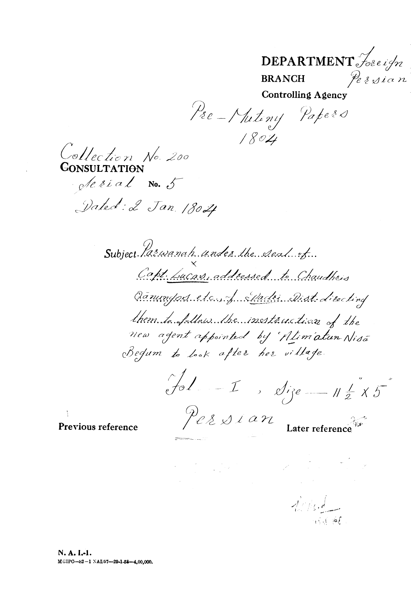 Parwanah Under the seal of Captn.Lucas.