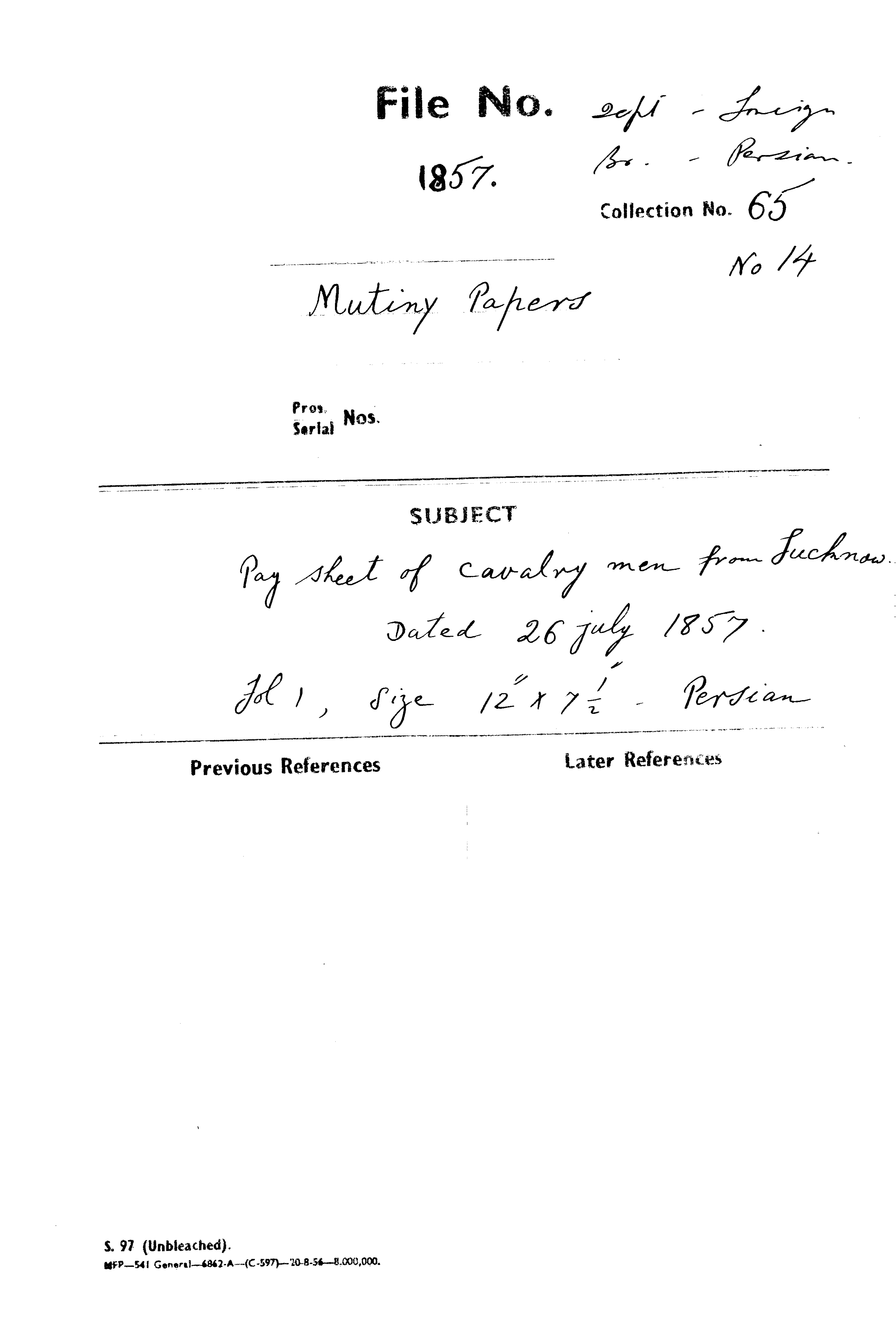 Pay Sheet of Cavalry Men From Lucknow