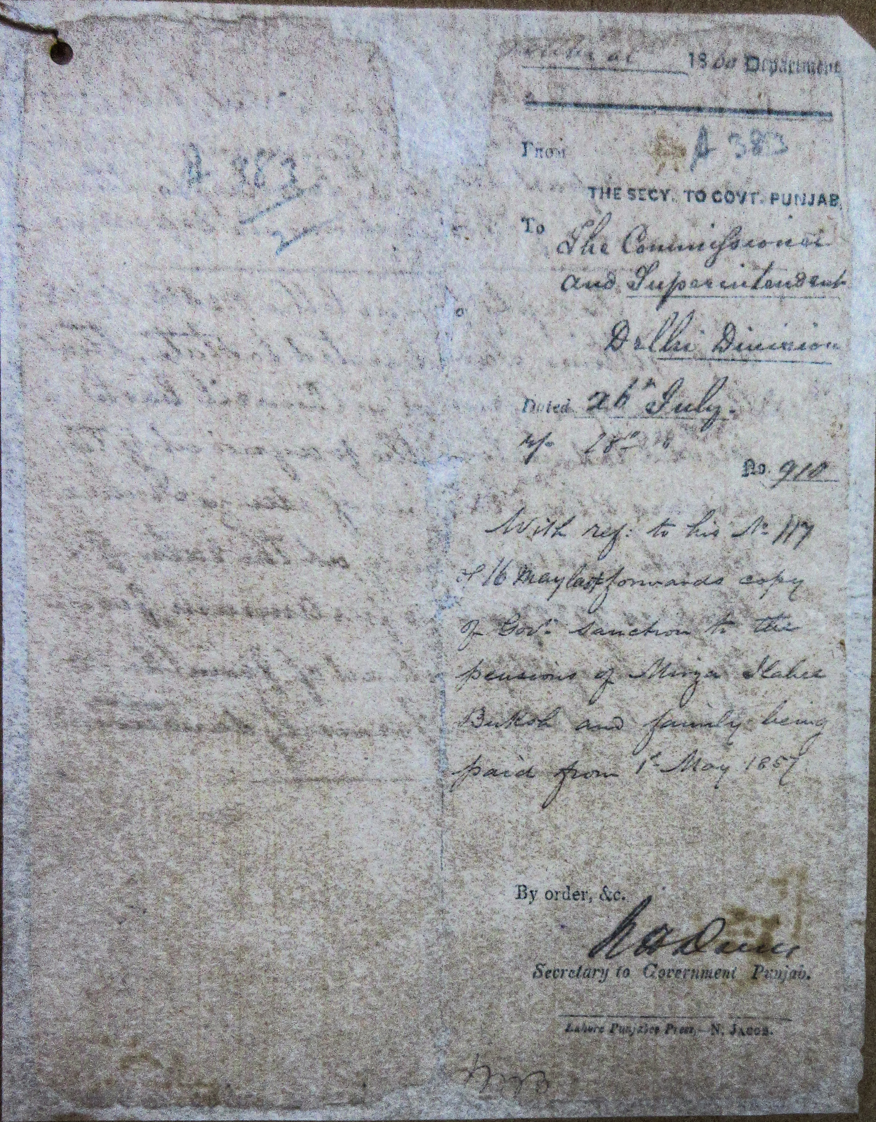 Pension of Mirza Ilahi Baksh File No.13