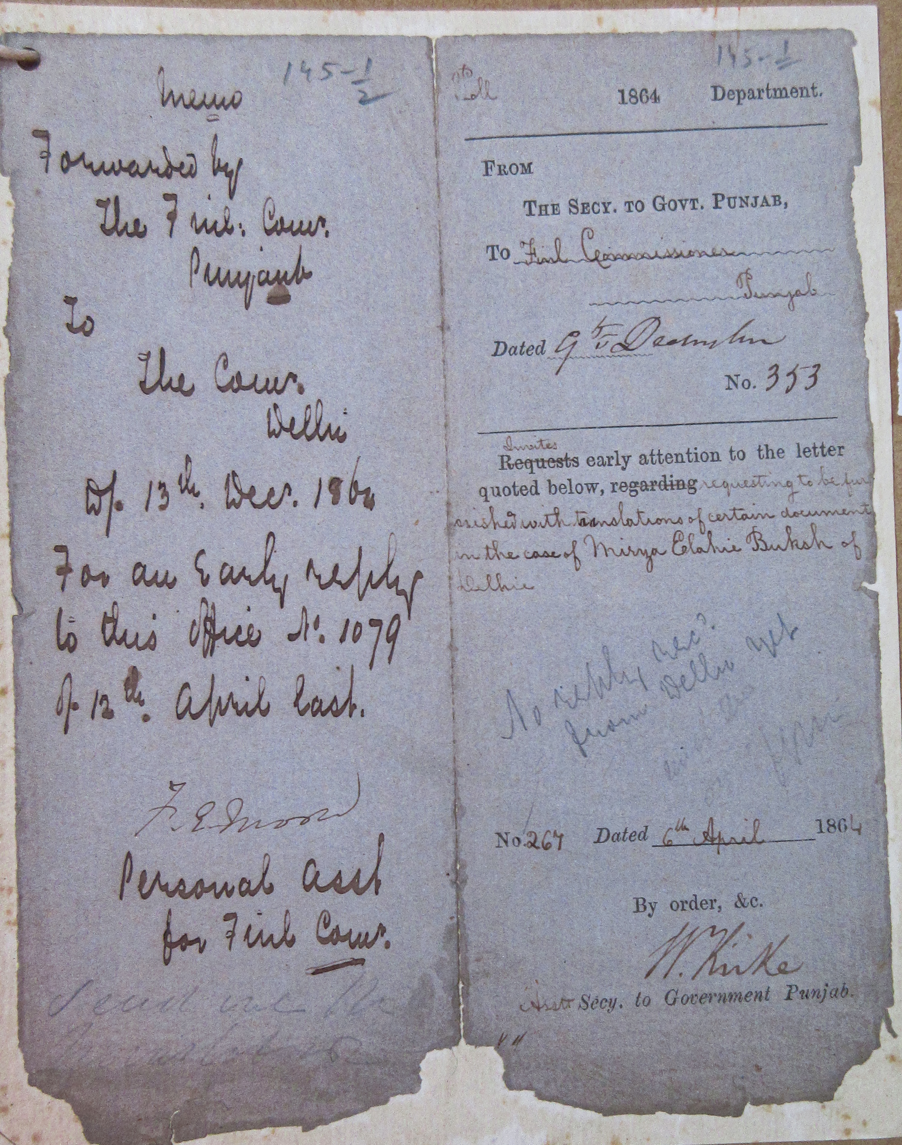 Pension of Mirza Ilahi Baksh File No.27