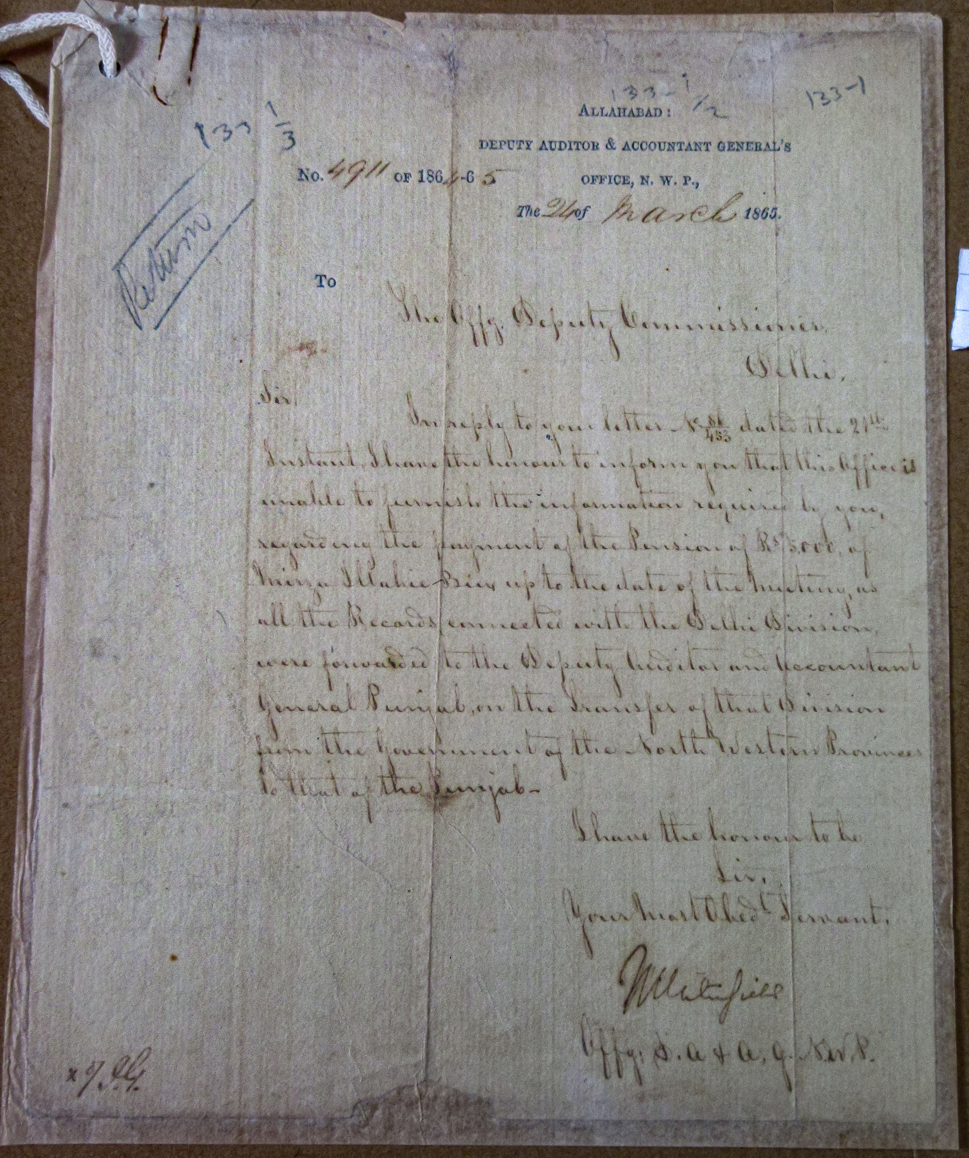 Pension of Mirza Ilahi Baksh File No.29