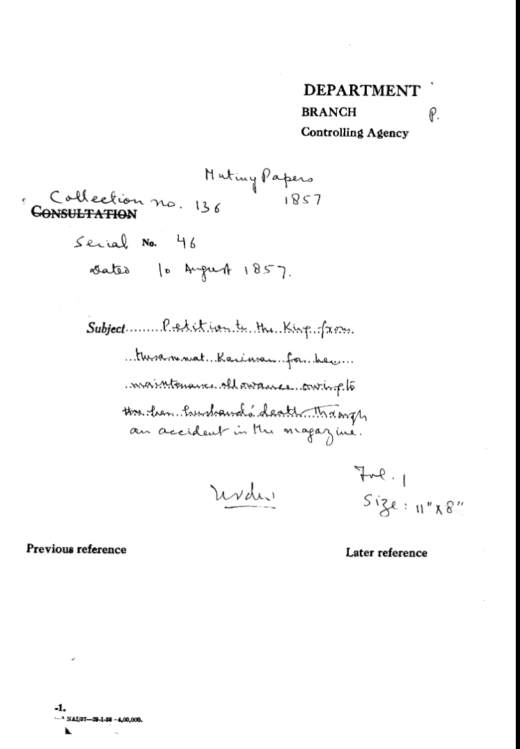 Petition to the Emperor From Muhammad Karman For Her Maintenance allowance Owing to Her Husband's Death Through an accident In the Magazine.