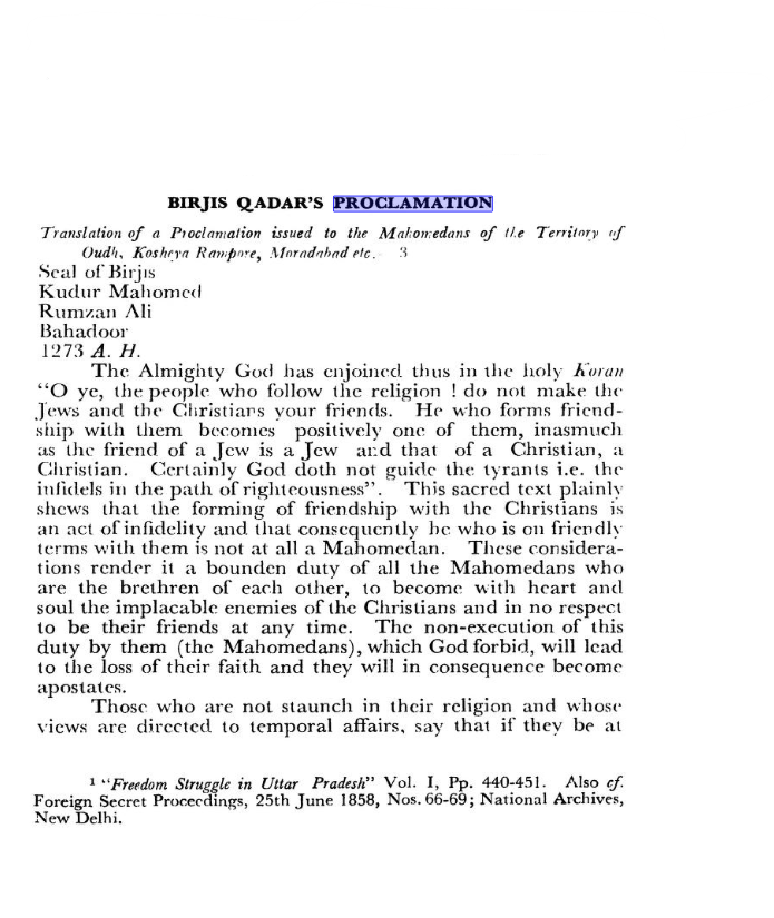 Proclamation Of  Birjis Qadar (July 1857)