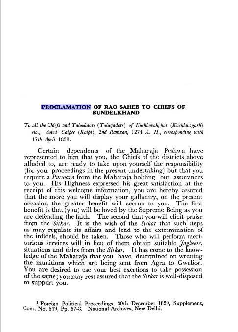 Proclamation of Rao Saheb(17,April 1858)