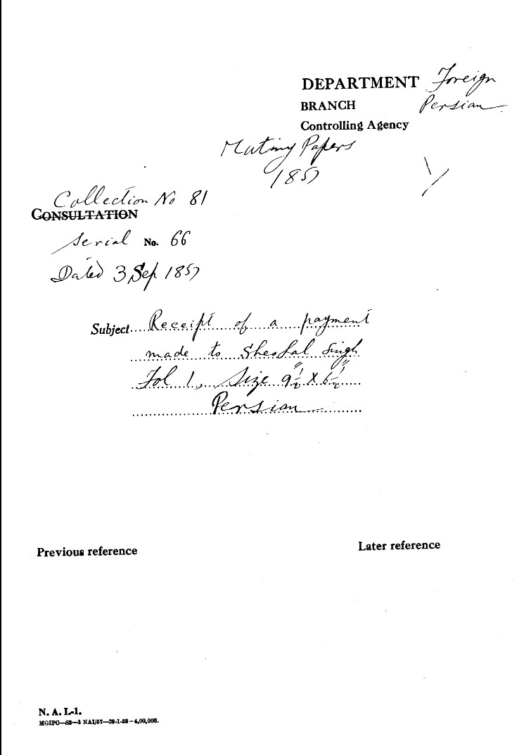 Receipt of a Payment Made to Sheslal Singh (Delhi)
