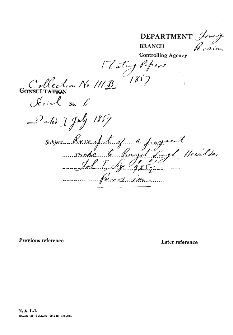 Receipt of a Payment Made to Ranjit Singh, Hawaldar.