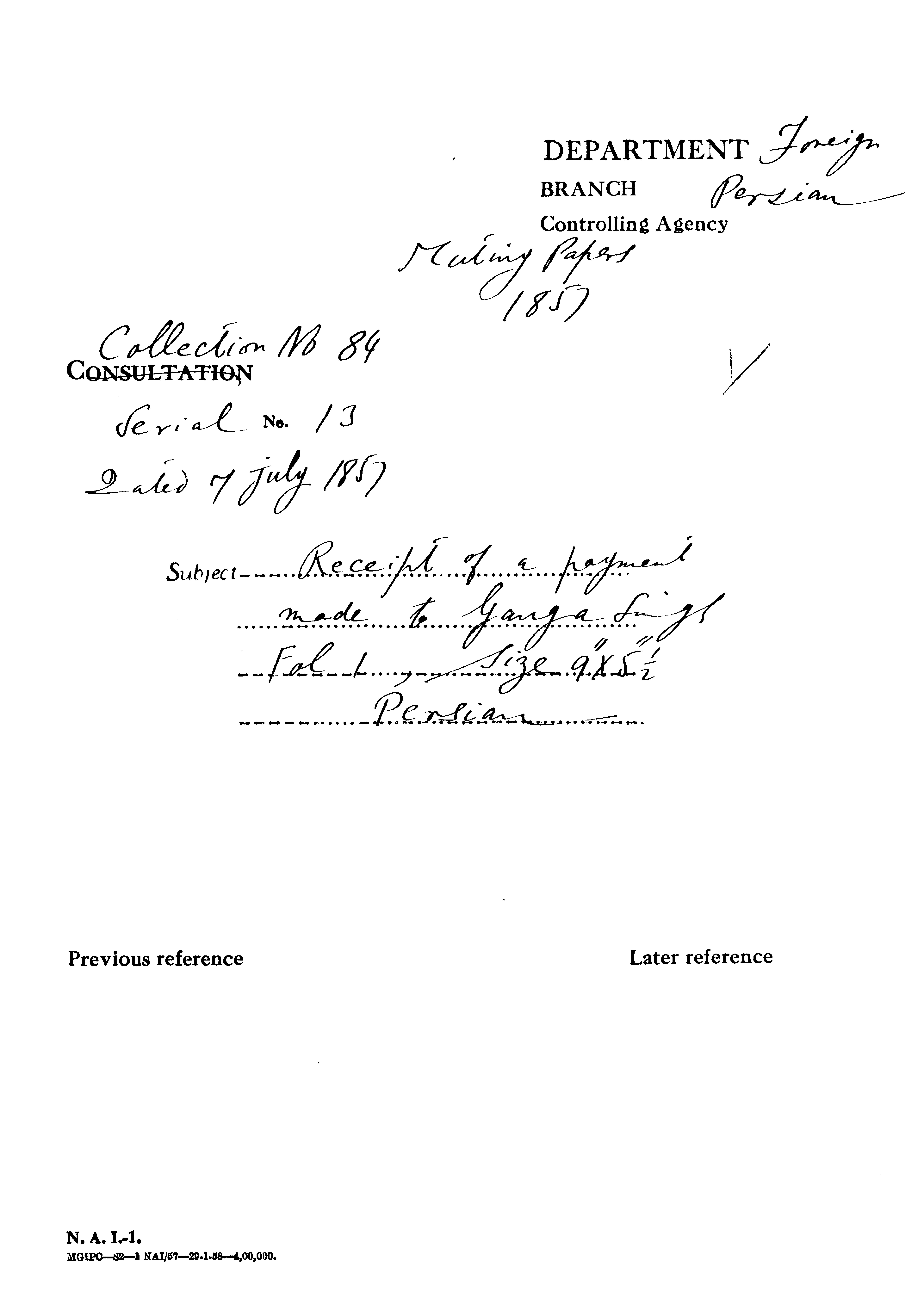 Receipt of a Payment Made to Ganga Singh