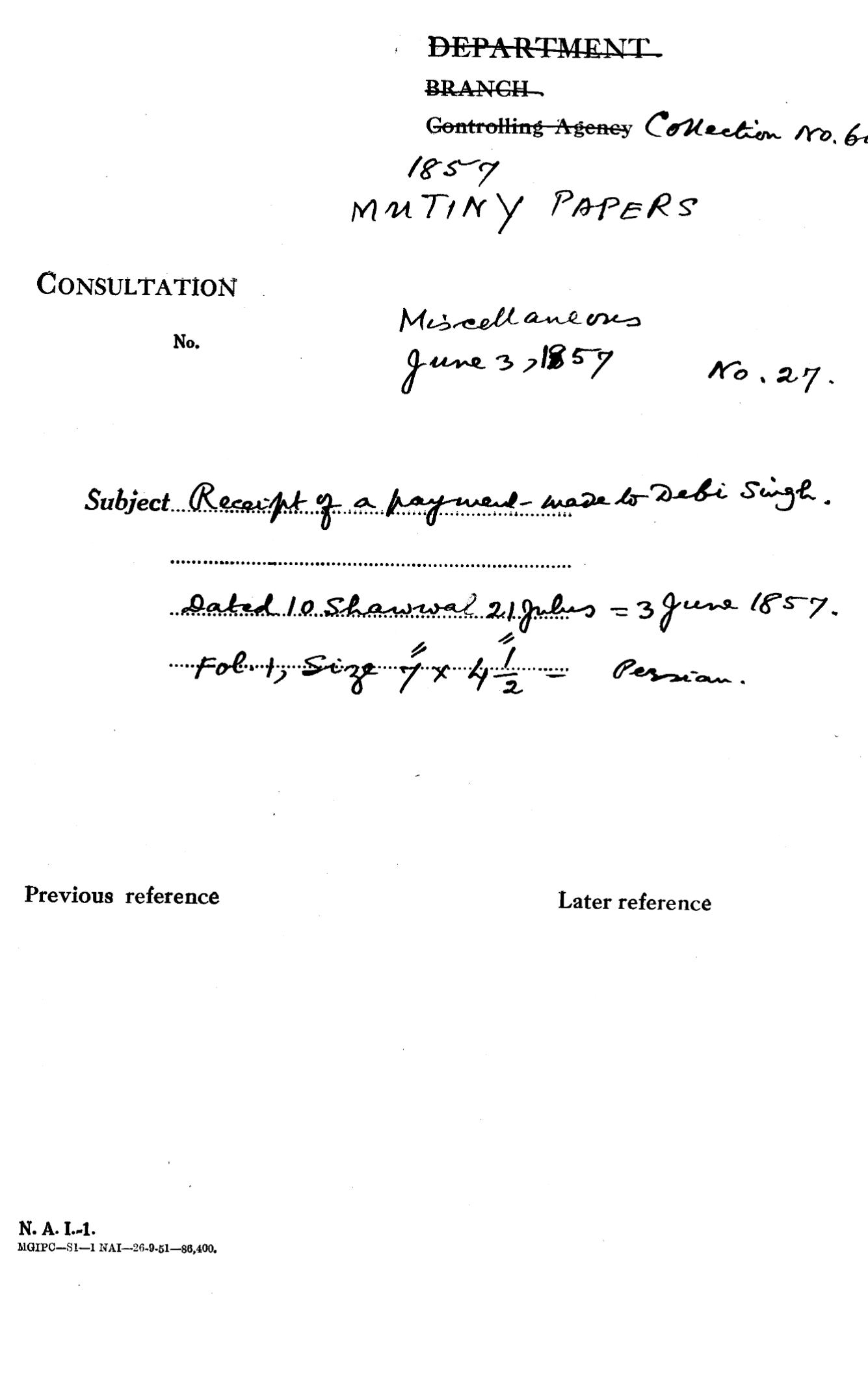 Receipt of a Payment Made to Debi Singh. (10 Shawwal 21 Julus = 3 June 1857 )