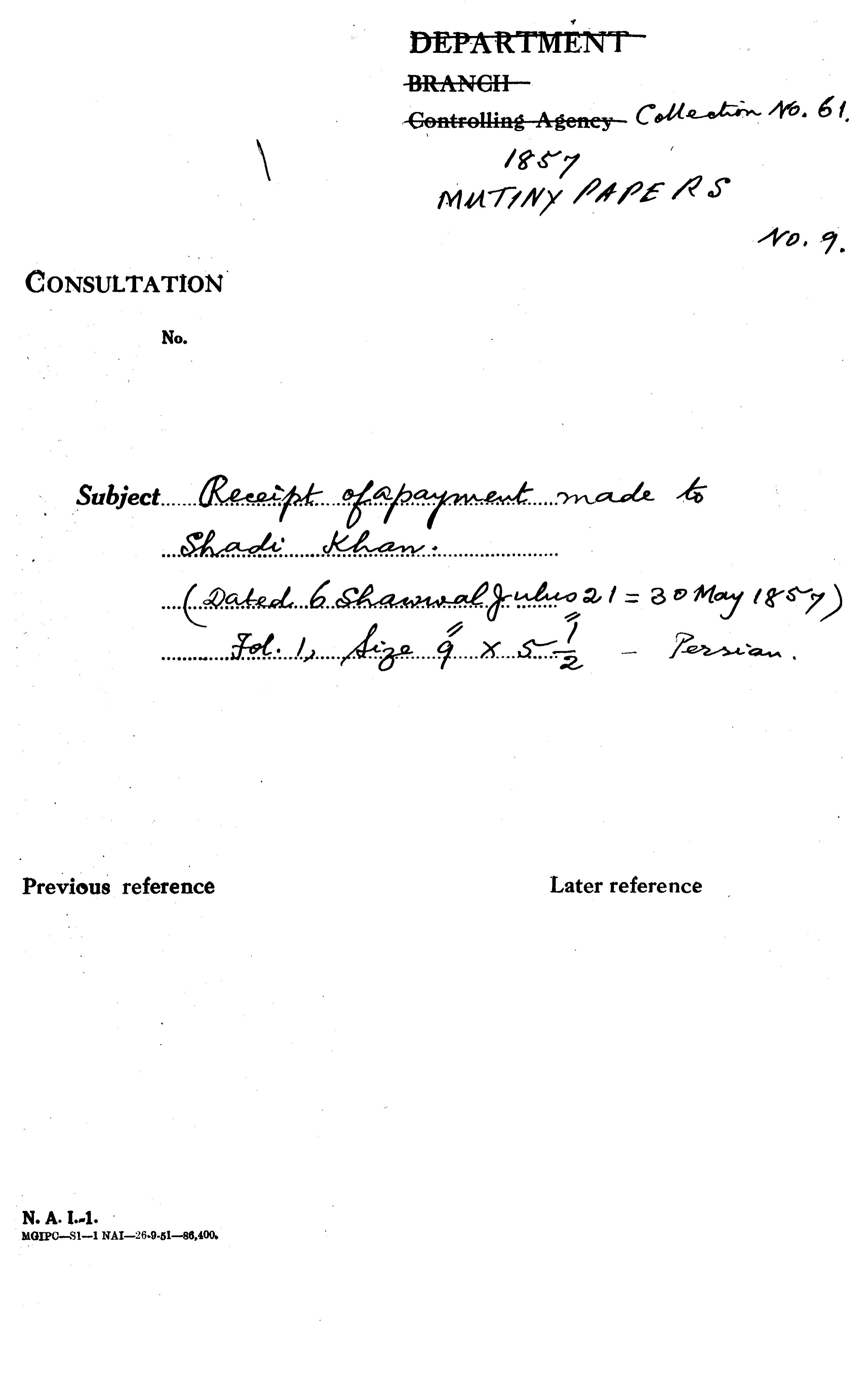Receipt of a Payment Made to Shadi Khan. (6 Shawwal Julus 21=30 May 1857).